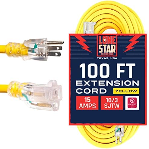Удължител Lone Star 10 Калибър 100 метра, удължителен кабел за тежки условия на работа 10/3 с 3-пинов приставка адаптер с подсветка,