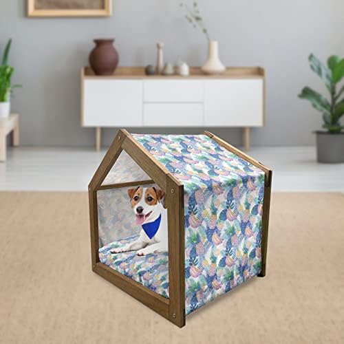 Дървена Къщичка за кучета Ambesonne с цветен Модел, Абстрактни Цветя с Ярки Полосатыми Листенца, Рисувани на Ръка на