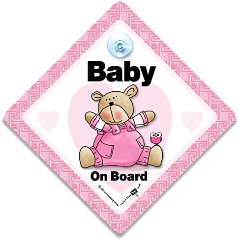 Знак за Бебе на борда, Знак за детското превозно средство с Розово Мече и Розово Сърце, в Знак на прозореца на колата