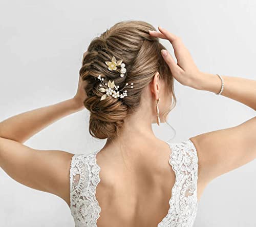 inSowni 21 Опаковане Златни Листа И цветове За Младоженци, Странични Гребени за коса + U-образни Перлени Игли за