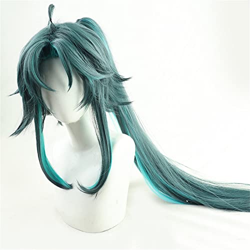 Xingwang Queen Аниме Xiao Cosplay перука тъмно зелен разход на синьо вечерни перуки за жени, момичета (перука с опашка