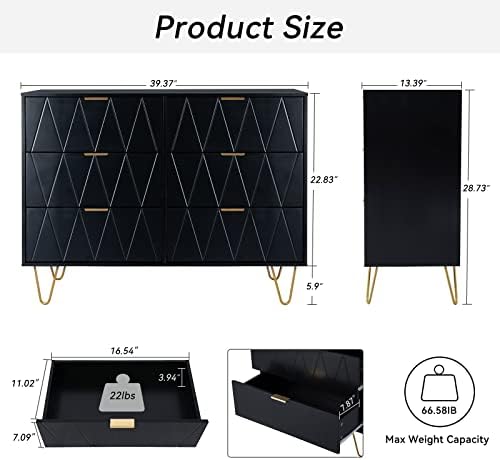 Скрин UEV с 6 чекмеджета, Модерен Скрин с Широки чекмеджета и метални дръжки, Дървен скрин за спалня, всекидневна (Черен)