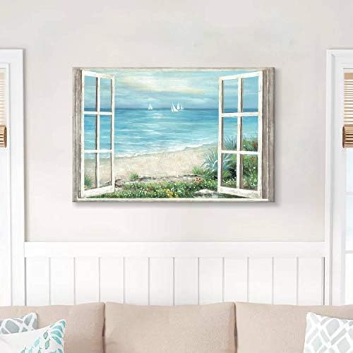 ХУДОЖЕСТВЕН НАЧИН Абстрактен Изглед към морето Стенно изкуство: Живопис с платно, Картина от прозореца на платното за