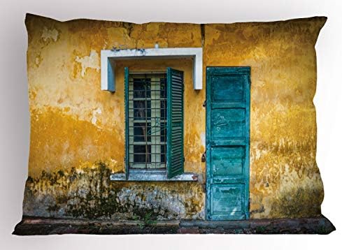 Имитация на брошенной възглавници Ambesonne, Вид на изоставен дом отвън с част от Виетнам, Грапава Жълта Стена, Декоративна
