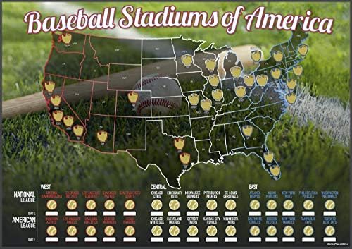 Скреч карта бейзболни стадиони Америка | Обяви екипи на Националната и на Висшата лига | Стенен плакат на Бейзболен