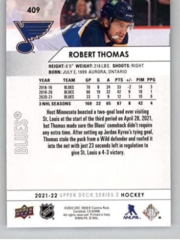 2021-22 Горната палуба 409 Робърт Томас Сейнт Луис Блус Серия 2 Хокейна карта НХЛ