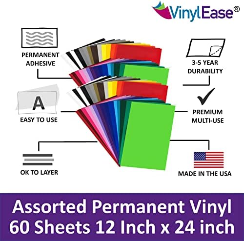 Vinyl лекота 12 x 24, 60 Листа от Различни Лъскави цветове, Перманентен лигав Винил за рязане, Силует, Pazzles, Craft ROBO,