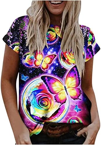 Летни Блузи за жени, Цветни Тениски с образа на Пеперудите, Туника с Къс Ръкав, Блузи, Ежедневни Тениски с Кръгло