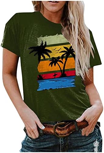 Летни Модни Хавайски Блузи за Жени, Тениски с образа на Кокосовата Палма, Тениски Свободно Намаляване с Къс Ръкав,