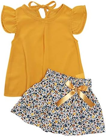 Комплект Летни дрехи за малките Момичета 1-4 години, Блузи с къс ръкав и Набори, Пола с лък и Цветен Модел,