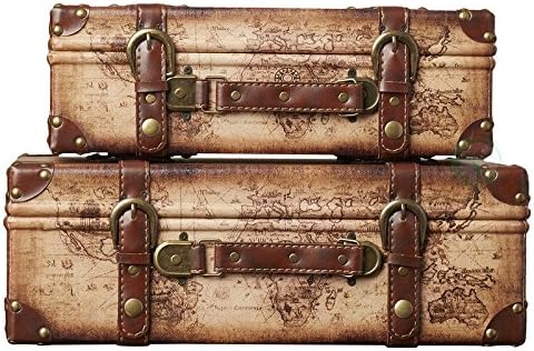 Vintiquewise (TM) Кожен куфар в ретро стил с карта на Стария свят и ремъци, комплект от 2