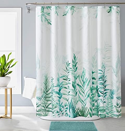 Завеса за душ със Зелени Листа на растенията YmarisisiY, Завеса за Душ от Зелено-бяла кърпа с 12 куки, Пролетни Акварели Листа,