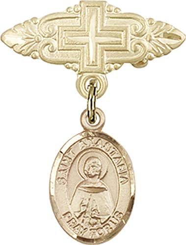 Детски икона Jewels Мания за талисман Света Анастасия и игла за бейджа с Кръст | Детски икона от 14-каратово