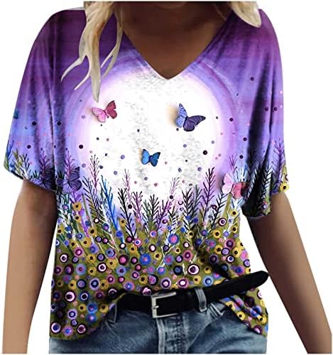 Топ Цветен Модел за Момичета, Есен-Лято, Памучен Ежедневни Риза с Дълбоко V-образно Деколте и Къс Ръкав за Жени, 3H