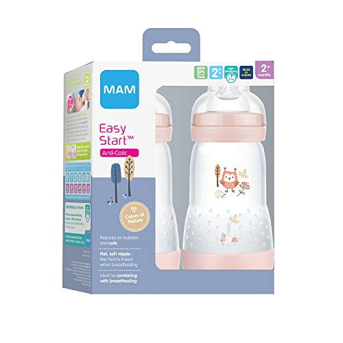 Мат бебешки шишета MAM Easy Start срещу колики, 9 унции (2 опаковки), Зърната на средно текучество, За малки