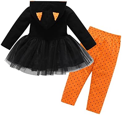 Блузи с качулка и надпис Хелоуин с дълъг ръкав за малки момичета Рокля на Точки, Панталони с принтом, Комплект дрехи,
