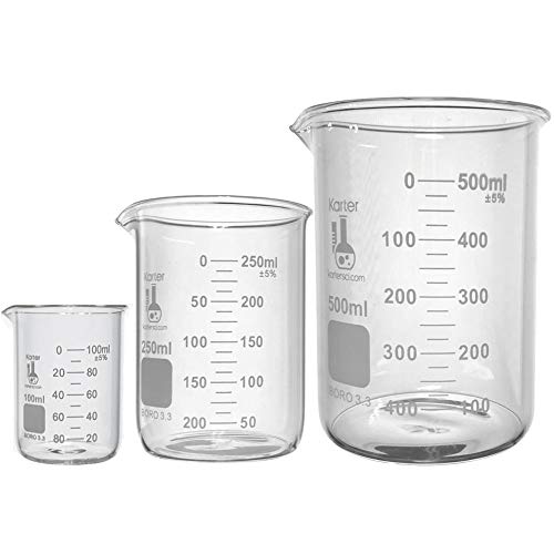 Комплект стъклени Чаши Ниски форми, 3,3 литра. Чаша, Двойна скала, 3 размер - 100, 250 и 500 мл, Karter Scientific