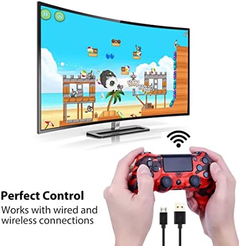 Безжичен Контролер, Съвместим за PS4, Игри и Джойстик с двойна Вибрация, Игри контролер с кабел за PC, PS4 (червен