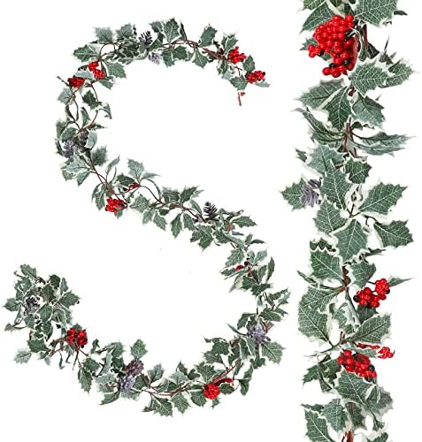 AnyDesign 15,7 Подножието Изкуствени Коледни Гирлянди с Малки Червени Плодове, Листа Падуба и Заснежени Борови Шишками, Изкуствена