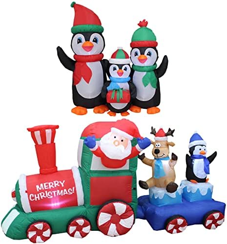 Комплект от две украса за Коледното парти, включва семейството коледни надуваеми пингвини с височина 5 метра, с подарък