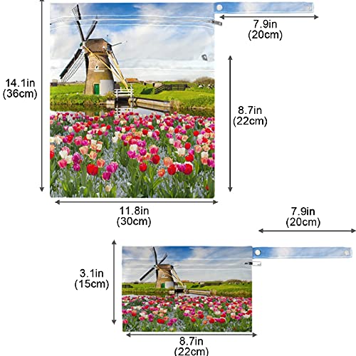 visesunny Windmill с Тюльпаном Холандия, 2 бр., Влажна чанта с джобове с цип, Моющаяся, Множество, Голям за пътуване,