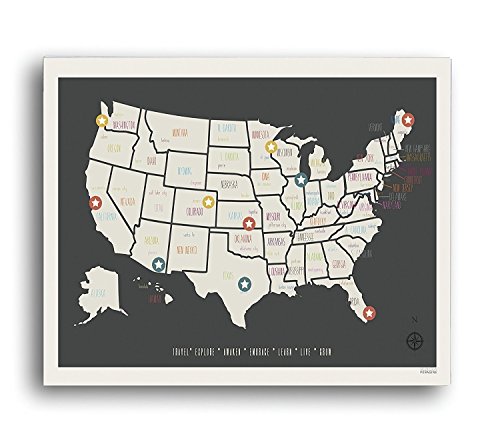 Стенен Разпечатки с Карта за пътуване в САЩ, Персонализирана Карта за Пътуване, Платно размер 16x20 См, Детска Карта