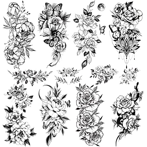 Casciybo Временни Татуировки с черно Цвете и пеперуда за жени и Момичета, 10-листа, Големи Водоустойчив Ръце