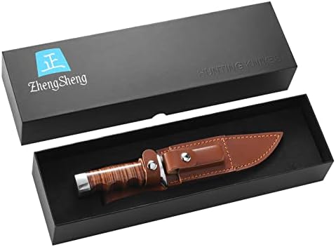 ZhengSheng 5,8 инча Ловен Нож с Фиксирано Острие, Дръжка от Естествена Кожа, Ловен Нож с Кожена Ножнами,