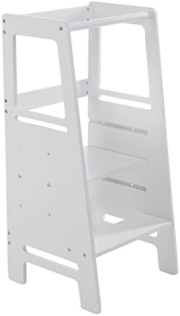 3 Настройки на височината на Кухненски стол-стъпало за деца с Предпазни пръчка за кухненски шкафове от масивно дърво (Бял, регулируеми