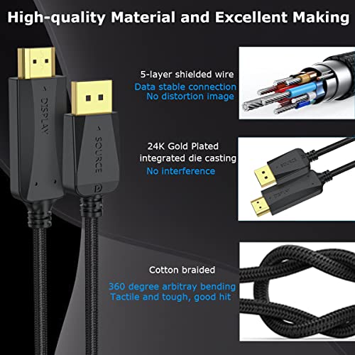 Кабел 4K DisplayPort-HDMI 5 броя, 6 Фута DP (Display Port)-кабел-адаптер за HDMI за оплетке от един мъж към мъж, Поддържа