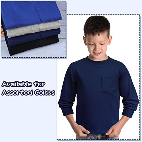 Cooraby 4 Опаковки Памучни Блузи с дълъг ръкав за малки Момчета с кръгло деколте и джоб, Топлинна Топ с Дълъг ръкав