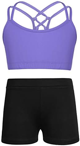 YiZYiF/ Комплект дрехи за гимнастика танци от 2 теми за момичета, Скъсяване на Върхове с изрези на ремешках и Къси Спортни