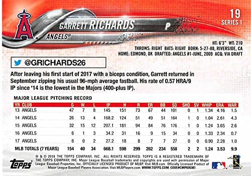 2018 Бейзболна картичка Topps 19 Гаррета Ричардс Los Angeles Angels