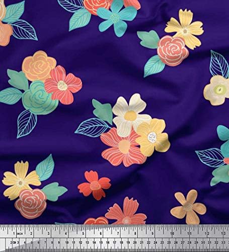 Soimoi, син памучен трикотажная кърпа, листа и цветя арт принт, плат ширина 58 см