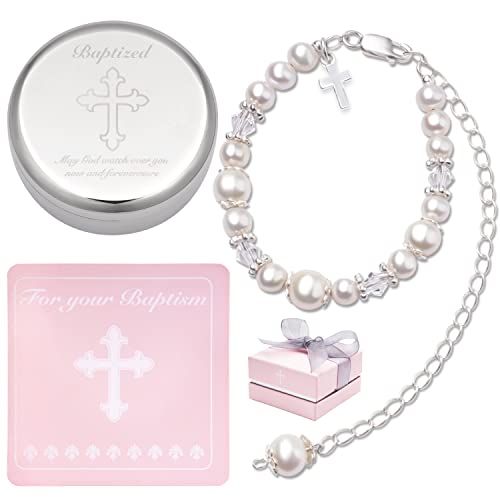 Гривна за кръщение Tryuunion от сребро и култивирани перли за малки момичета, идва с уникалната посребрена коробочкой