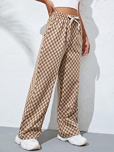 Дамски спортни панталони GWNWTT с принтом в шахматна дъска модел, завязками на талията, заплатками на детайли, Спортни панталони