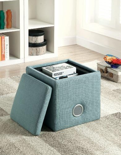 Табуретка за съхранение на мебели от лен Furniture of America, осеян лен, с високоговорители Bluetooth, синьо
