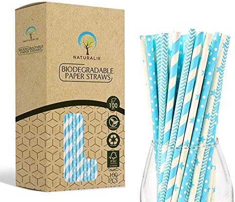 Naturalik 100 опаковки Светло сини биоразградими хартиени соломинок - Много трайни - Декорации за детската