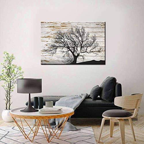 sechars - Черно-бялото Дърво на Изгрев слънце на Селски Дървен фона, Печат върху Платно, Зимния Пейзаж, Картина,