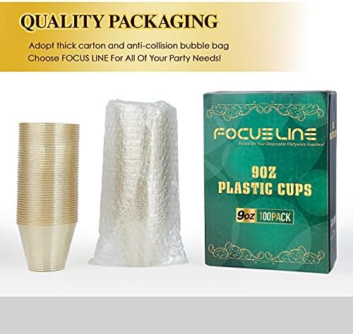 FOCUSLINE 100 Опаковки Пластмасови Чашки със Златен Блясък, 9 грама Прозрачни Пластмасови Чаши, Необичайни за Еднократна употреба на Твърди Пластмасови Чаши със Златен Б