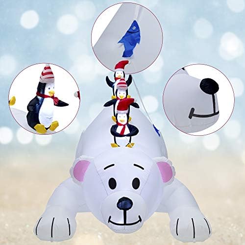 Надуваеми играчки Juegoal Коледа 7,7 (L) x 6 фута (H), Бяла Мечка с осветление и Три Пингвини, Надуваем Бяла Мечка, Честит