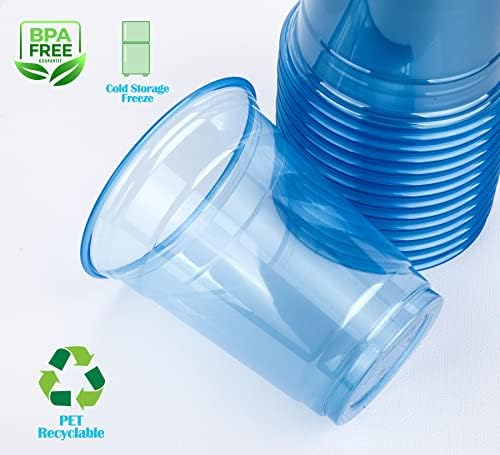 ЗЛАТНА ЯБЪЛКА, серия от цветни чашки 12 унции 30 комплекта Сини пластмасови чашки с прозрачна плосък капак с отвор X (30 чаши