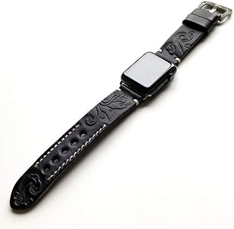 Черен с Сиво Релефно Каишка от естествена Луксозна кожа с надпис и ключалката, съвместим с Apple Watch 38 мм на
