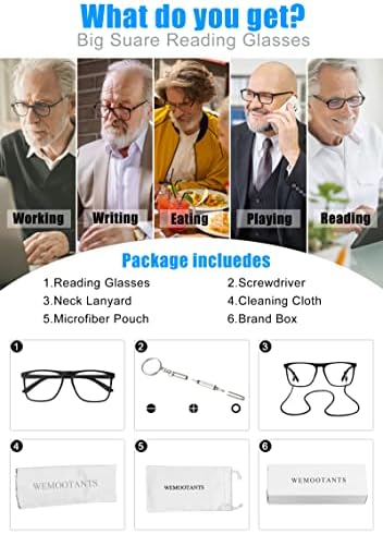 WEMOOTANTS Извънгабаритни Очила за четене за Мъже Square Reader Леки Модни Ридеры 1.0 1.25 1.5 1.75 2.0 2.25