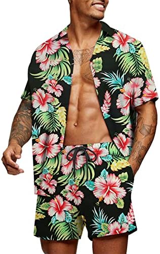 LUJENGEFA/Мъжки Комплекти Хавайски Ризи и Шорти от 2 теми с Цветен Тропически Принтом, Костюми Копчета за Почивка на