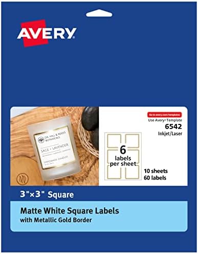 Етикети Avery Матово бели с златен кант, Квадратни етикети с размери 3 x 3 инча, общо 60 на Етикети за лазерни / мастилено-струен