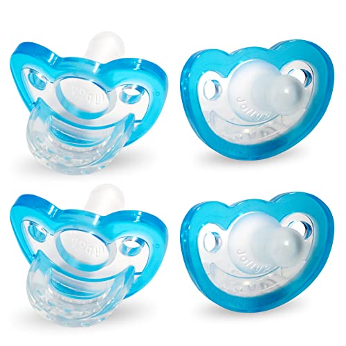 Dummy RaZbaby JollyPop Baby 0-3 m Plus (в синьо) в опаковка от 4 теми за новородени и бебета - Мек медицински силикон