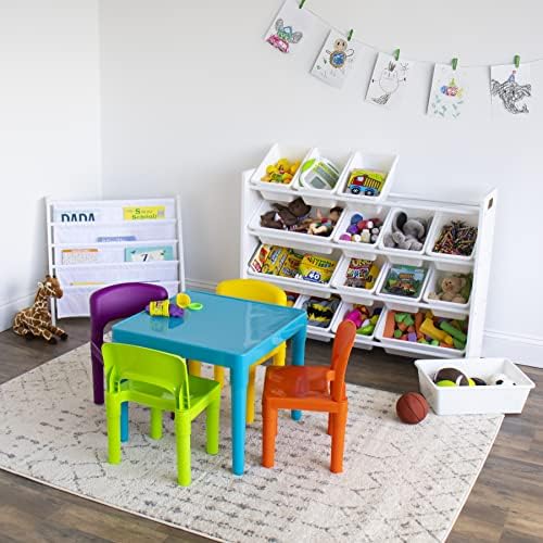 Скромен екипаж, син на масата и червен/зелен / жълт /лилав детски лека пластмасова маса и комплект от 4 стола, квадратен