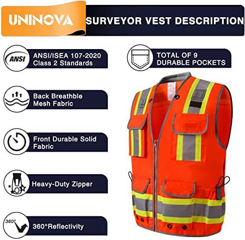 Отразяваща жилетка за безопасност UNINOVA Surveyor за мъже, Тежкотоварни Жилетки за безопасност на клас 2, Отразяващи