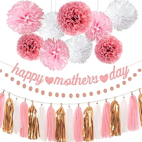 Комплекти бижута за бала в чест на Деня на майката, Помпоны от Цигарена хартия, Цветя от Розово злато, Банер с Деня на